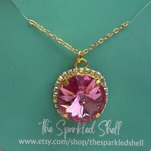 18mm Deep Pink Rivoli Crystal Halo‎ Necklace in Gold-tone  Setting